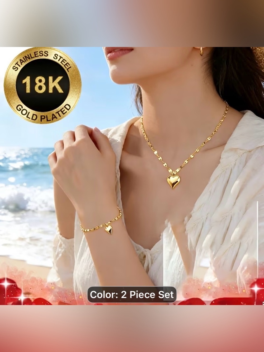 2PCS Gold Heart Pendant Necklace & Bracelet Set - Women Jewelry